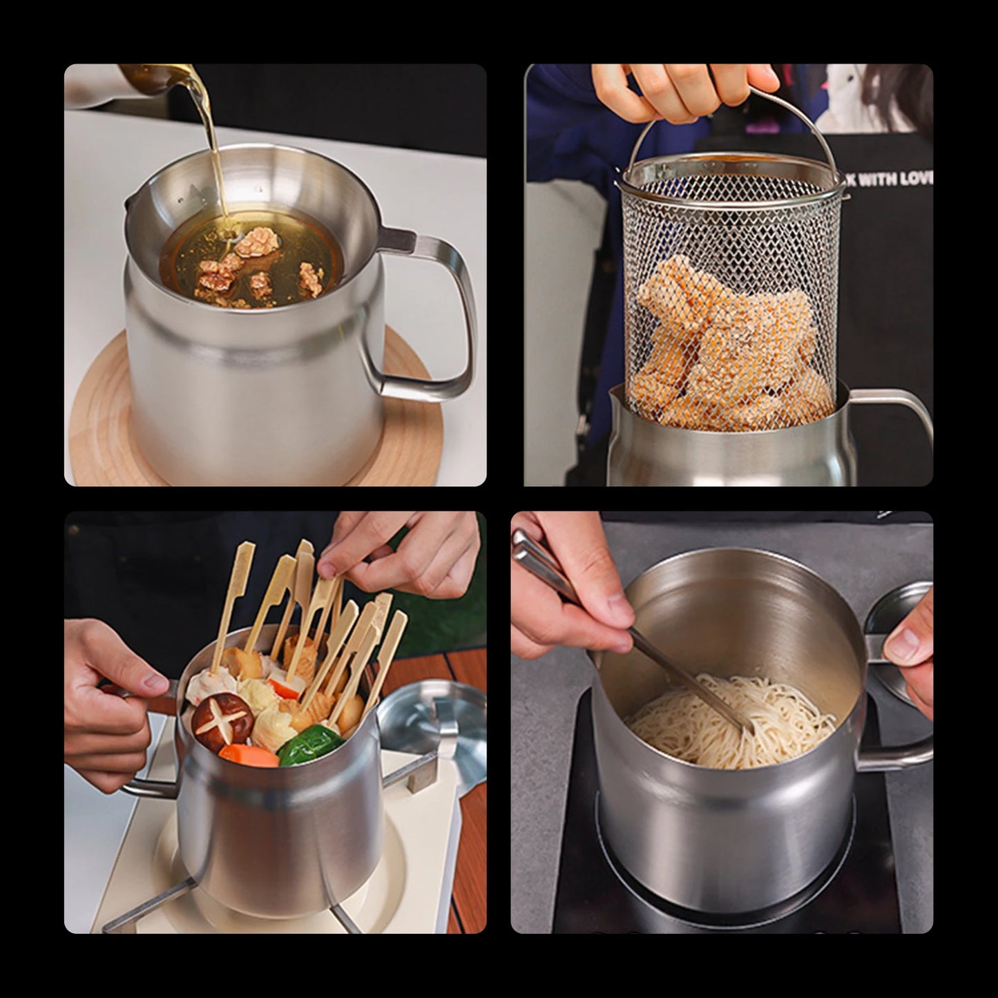 2L/1.5L Stainless Steel Oil Filter Fry Basket – Fine Mesh Strainer Pot for Oil Storage and Kitchen Grease
