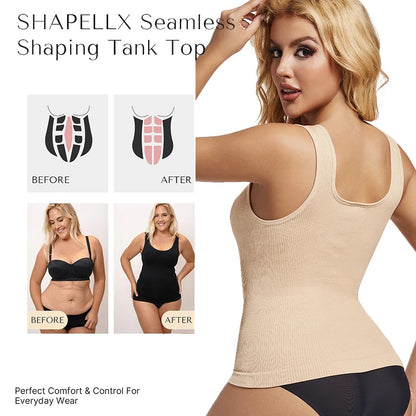 Women's Tummy Control Shapewear Tank Top - Seamless Square Neck Compression Cami (1 or 2 Pack)
