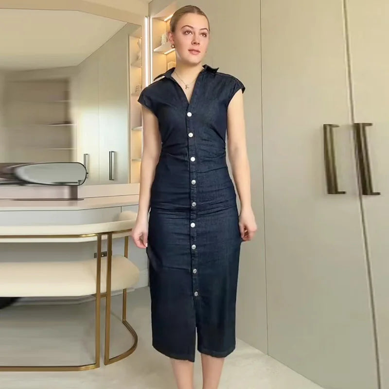 TRAF Women’s Denim Bodycon Dress – Summer 2025 Blue Button Ruffled Batwing Sleeve Long Casual Beach Vestido