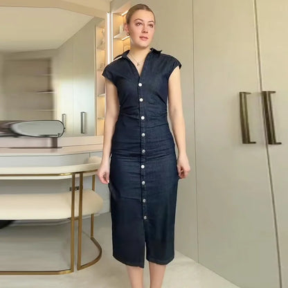 TRAF Women’s Denim Bodycon Dress – Summer 2025 Blue Button Ruffled Batwing Sleeve Long Casual Beach Vestido