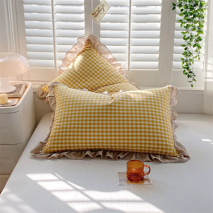 2 Pack 48x74cm Plaid Washed Cotton Pillowcases – Super Soft Ruffled Bedding Covers for Home & Dorm Decor