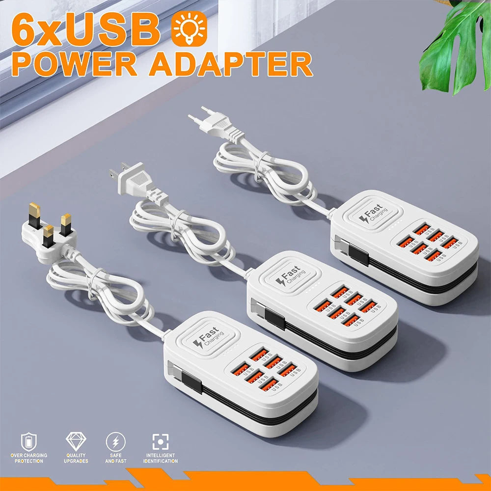 6-Port USB-C Charging Station – Fast-Charging Desktop Power Strip with 3 USB-C Ports, 3 USB-A Ports, and EU/UK/US Plug Options