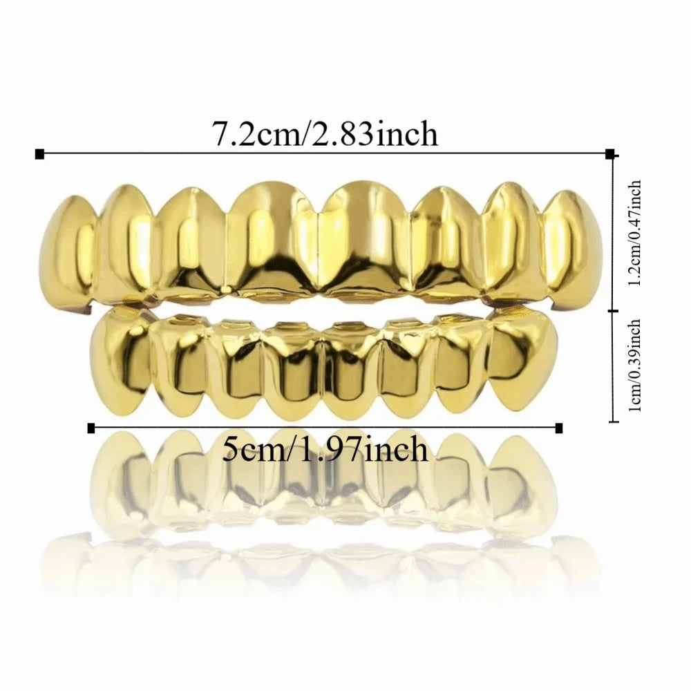 Glossy Teeth Grillz Set - Top & Bottom Anti-Slip Copper Dental Caps Gold Silver Halloween Jewelry Accessory