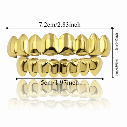 Glossy Teeth Grillz Set - Top & Bottom Anti-Slip Copper Dental Caps Gold Silver Halloween Jewelry Accessory