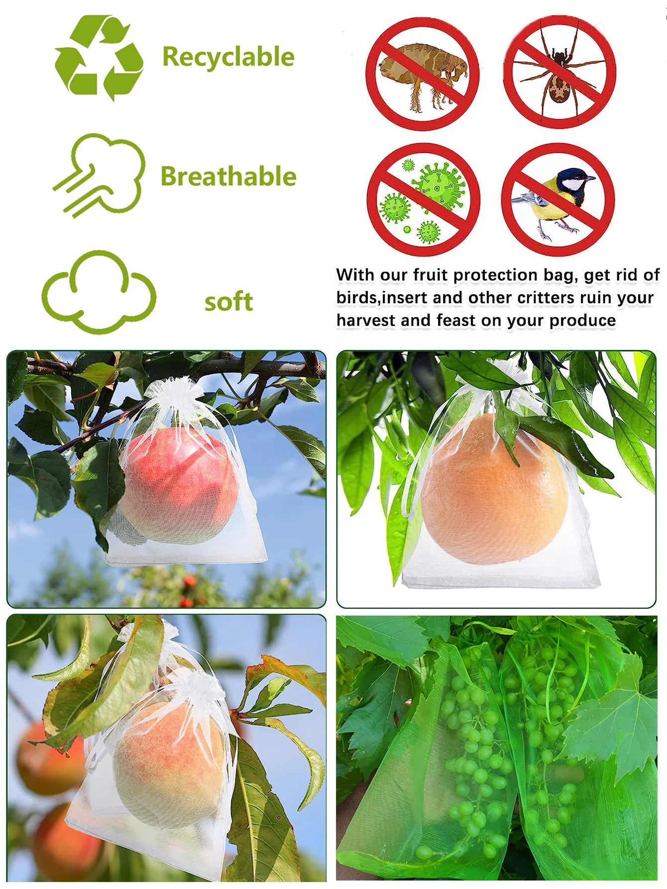 100 Fruit Protection Bags - Pest Control, Anti-Bird Garden Netting, Strawberry & Grapes Mesh Bags, Plant & Vegetable Grow Bags
