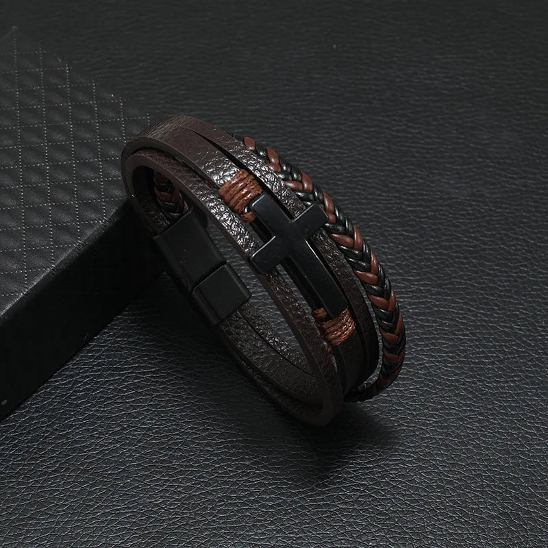 Fashion Men’s Multi-Layer Braided Leather Bracelet – Scripture, Compass & Evil Eye Design