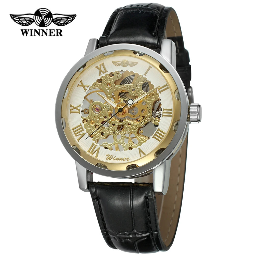 T-Winner Classic Skeleton Watch – Mechanical Hand-Wind Wristwatch with PU Leather Strap for Men & Women