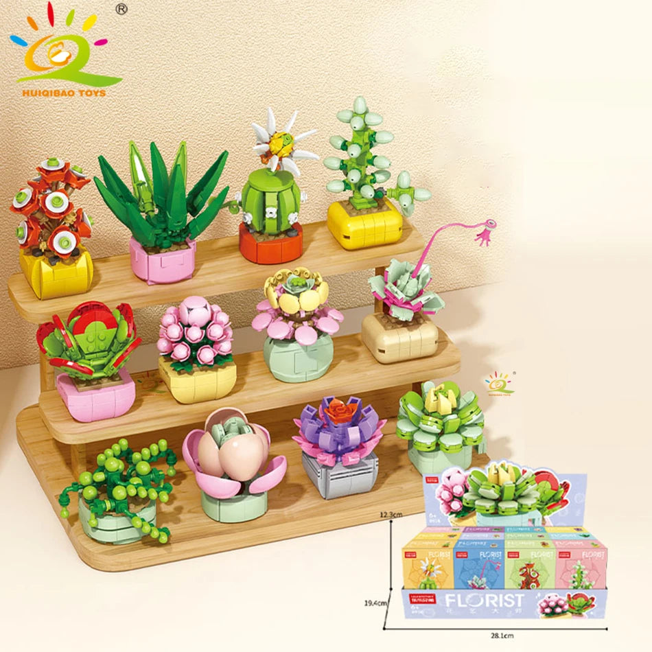 HUIQIBAO MOC Flower & Succulent Potted Building Block Set – DIY Eternal Bouquet, Home Desk Plant Decor, Girls & Kids Toy Gift