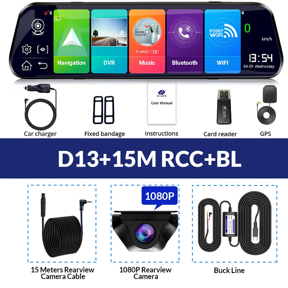 E-ACE 10'' 4G Android Dash Cam – FHD 1080P Dual Lens Rearview Mirror DVR with ADAS & Streaming