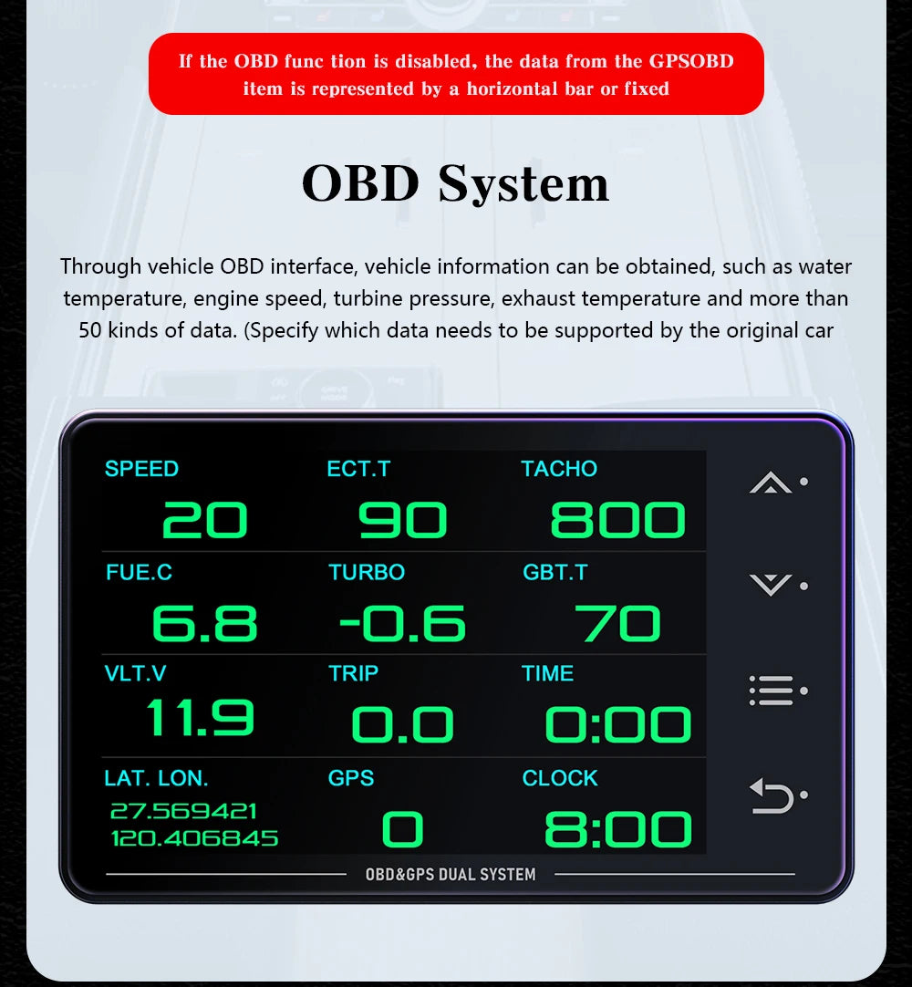 XS HUD Car Gauge – Multi-Function OBD+GPS Display for Water Temp, Turbo, Oil Pressure & Oil Temp Head-Up Display