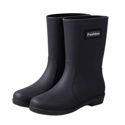 Women’s Four-Season Waterproof Rain Boots – Mid-Tube Non-Slip Rubber Shoes with Cotton Lining for Outdoor Fashion