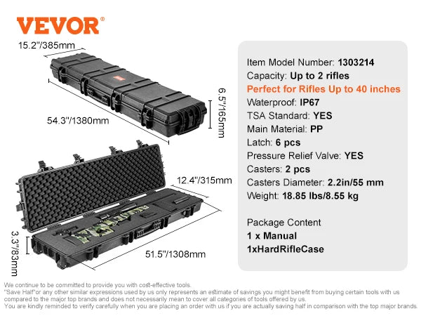 VEVOR Rifle Hard Case — Portable Long Gun Storage Suitcase with 2 Casters, Shockproof & Waterproof Protective Case for Airsoft Rifles