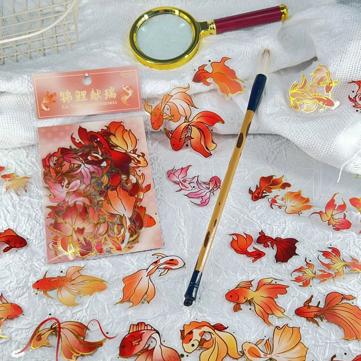 50/100PCS Gold Foil Koi Fish Stickers - Clear Waterproof Cartoon Decals for Phones, Laptops, Helmets & More