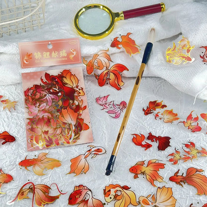 50/100PCS Gold Foil Koi Fish Stickers - Clear Waterproof Cartoon Decals for Phones, Laptops, Helmets & More