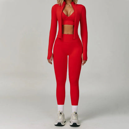 2/3PCS Women’s Seamless Yoga & Gym Set – Push-Up Sports Bra, Long Sleeve Jacket & Workout Leggings