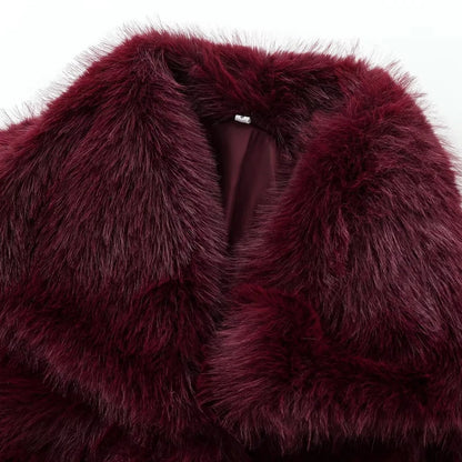 HXAO Women's Fur Coat – 2024 Plush Burgundy Bomber Jacket, Solid Crop Long Sleeve Warm Winter Casual Coat