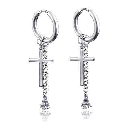 Long Hanging Cross & Leaf Hoop Earrings – Vintage Stainless Steel Hip Hop Unisex Jewelry Accessories