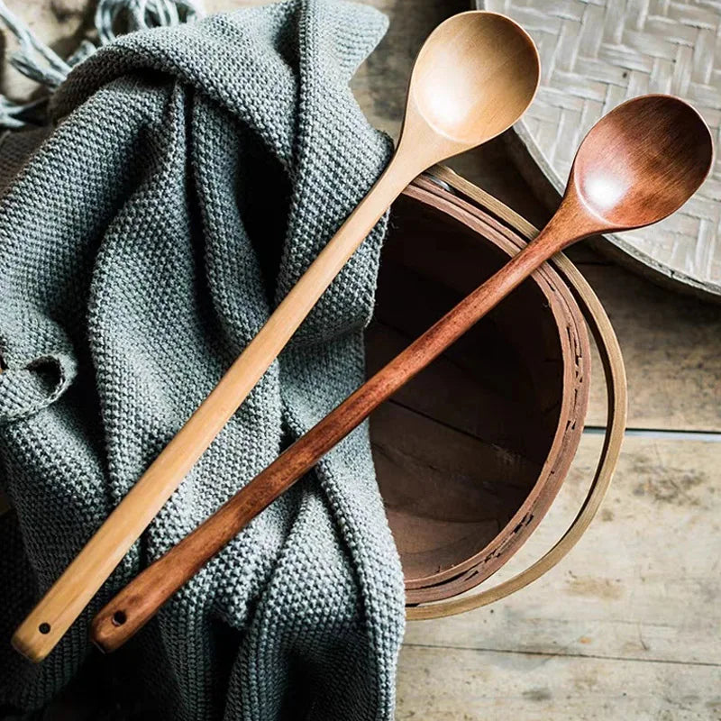 Long Wooden Spoons – Natural Coffee Stirring Rods & Tea Dessert Spoons for Soup Kitchen Tableware