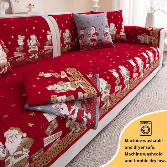 Santa Claus Chenille Sofa Mat – Red Non-Slip Universal Christmas Cover for All Seasons