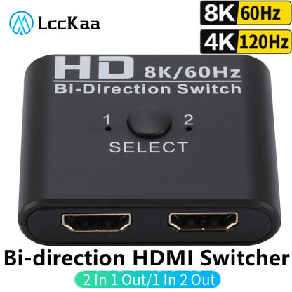 8K 60Hz HDMI Switch - 4K 120Hz Bi-Directional 2-Port HDMI Splitter for Laptop, PC, Xbox, PS3/4, TV, Monitor, Projector