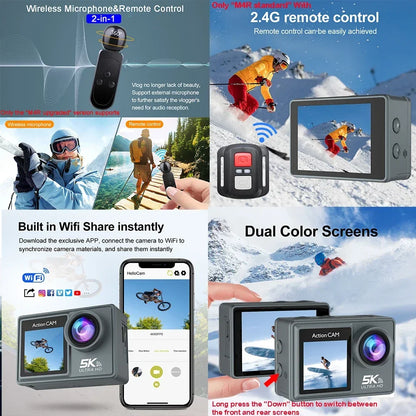 F6W Action Camera — 5K/4K60FPS, 48MP, 2.2" Touch LCD, EIS, Dual Screen, Wi-Fi, 170° Waterproof 30M, 8X Zoom Sports Camera with Wireless Mic