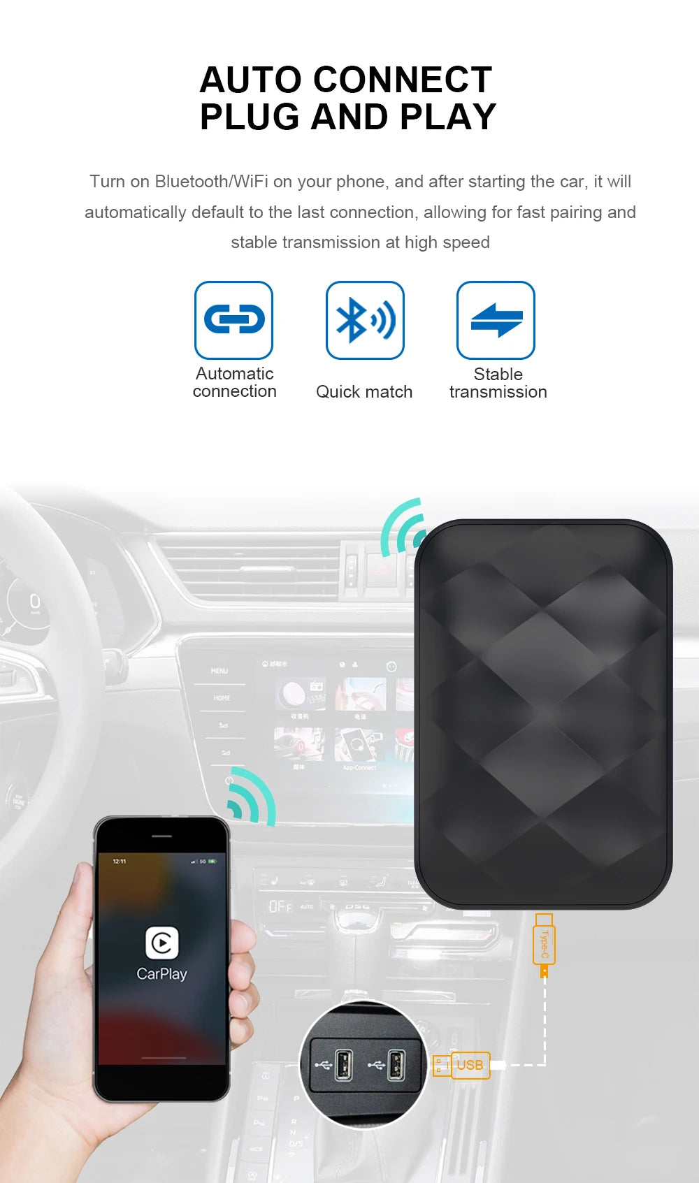 Acodo 2025 Android 14 CarPlay AI Box – 3-in-1 Wireless Android Auto USB Adapter & Universal TV Box for YouTube & Netflix Plug and Play