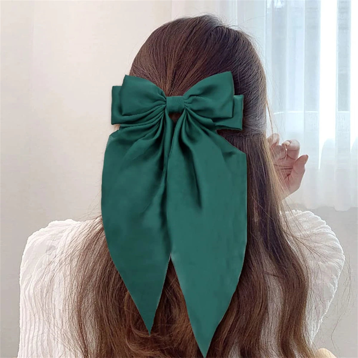 8 Ladies Satin Ribbon Bow Hair Clips – Oversized White, Pink, Red, Blue, Black Long Tail, Spring Clip for Ponytail Hair Accessories
