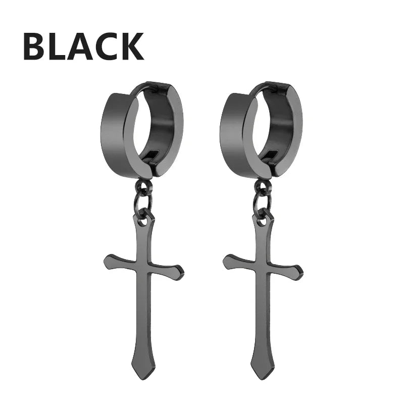 Stainless Steel Cross Star Dangle Earrings - Punk Gothic Hoop Huggie Jewelry for Men & Women