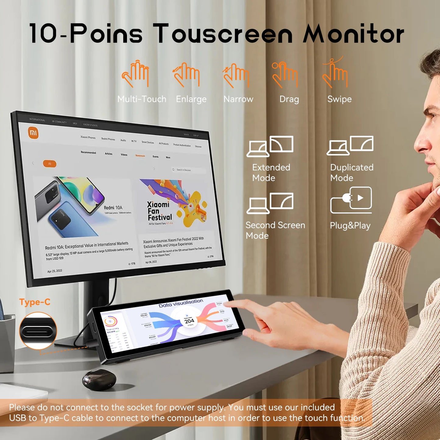 8.8-Inch Secondary LCD Touch Screen - 1920×480 Long Display with Built-In Stand for AIDA64