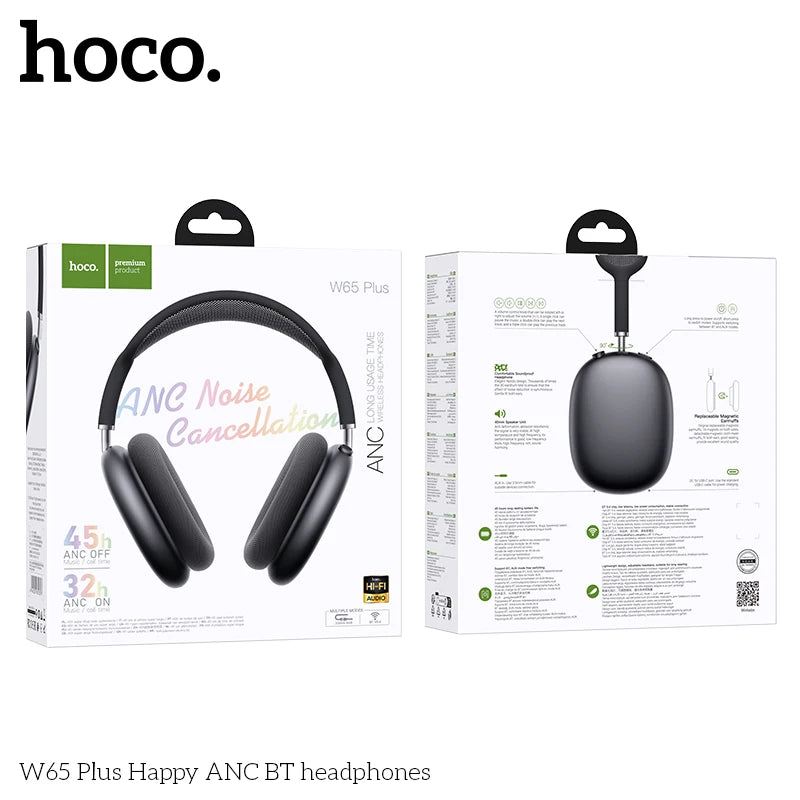 HOCO W65 Plus ANC Bluetooth Headphones – Over-Ear Wireless HiFi Sport Headset with Noise Reduction & Control Button