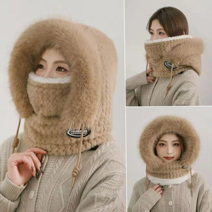 Women’s Winter Plush Hat with Hood & Scarf – Warm Thick Windproof Thermal Cap with Ear Protection for Outdoor Cycling & Riding