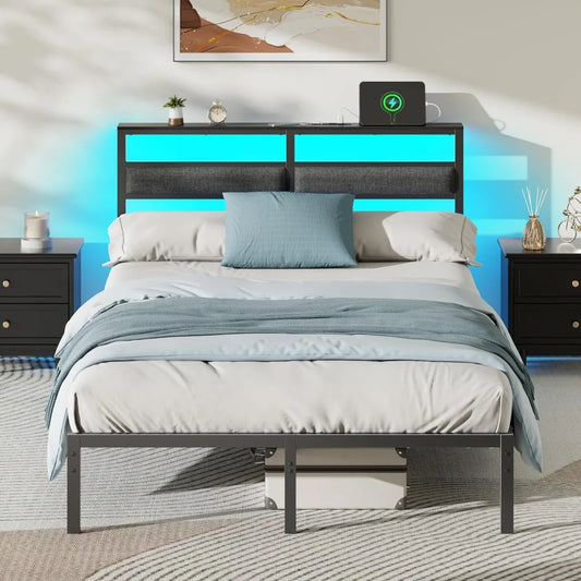 LED Bed Frame with Charging Station – Black Metal Platform Bed Frame with Headboard, Custom Design Modern Storage & Lighting Bed