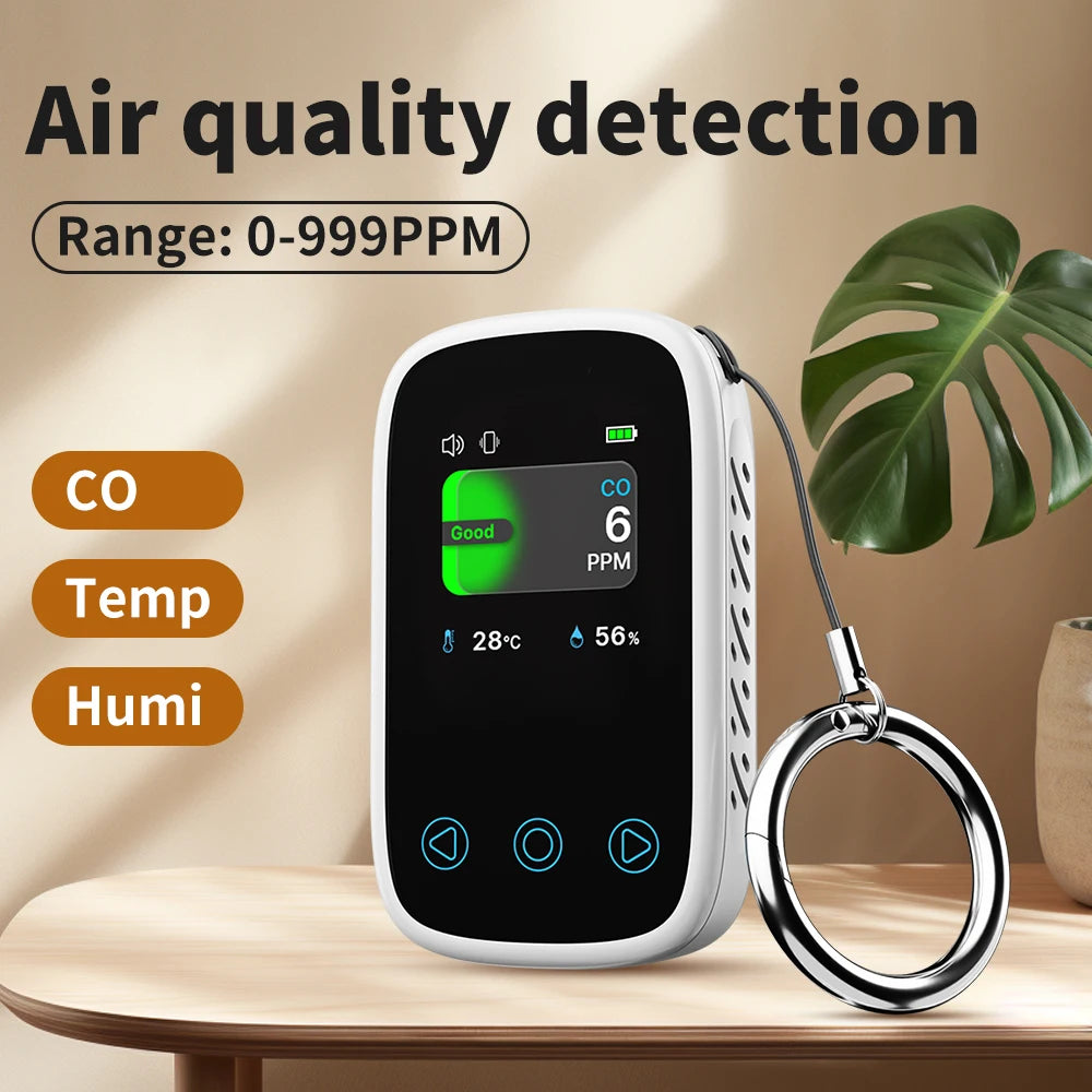 Mini CO Detector - Portable Rechargeable Carbon Monoxide & Air Quality Monitor with Temperature and Humidity Meter