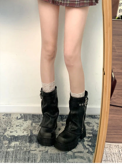 Women’s Winter Biker Boots – Fashion Belt Buckle Platform Short Booties, Casual Knight-Style Flats