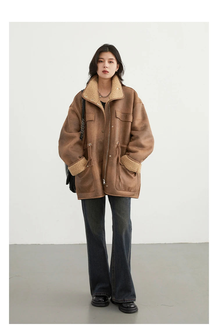 CHIC VEN Women's Reversible Jacket – Thick Suede, Motorcycle Style, Loose Fit Winter & Autumn Outerwear 2023