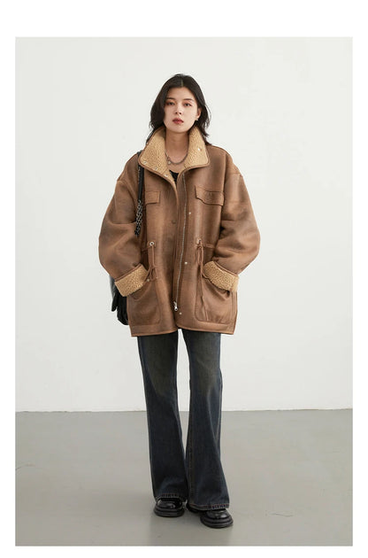 CHIC VEN Women's Reversible Jacket – Thick Suede, Motorcycle Style, Loose Fit Winter & Autumn Outerwear 2023