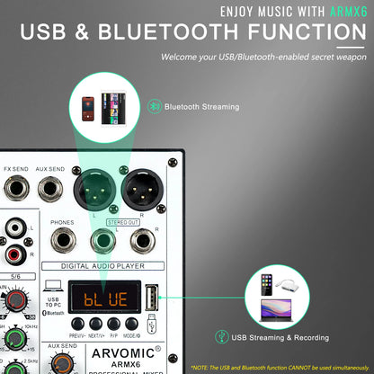 ARVOMIC 6 Channel DJ Audio Mixer – USB Interface, Bluetooth, 16 DSP Effects, 3-Band EQ (ARMX-6)