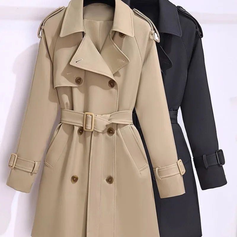 Women’s Trendy Trench Coat – Spring Autumn Slim Mid-Length Double-Breasted Belted Windbreaker