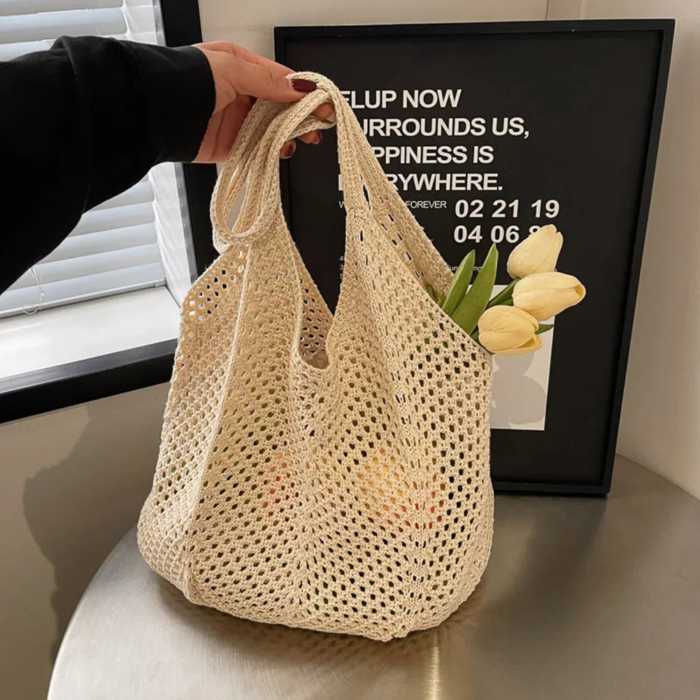 Fashion Women’s Hollow Woven Shoulder Bag – Large Capacity Crochet Tote, Solid Knitting Mesh Handbag for Summer & Beach
