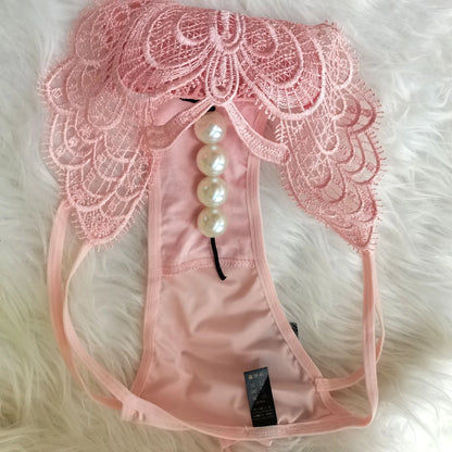 Women’s Lace Embroidered Thong Panties – Beaded Faux Pearl Design T-Back G-String Underwear, Hollow Out Sexy Lingerie Intimates