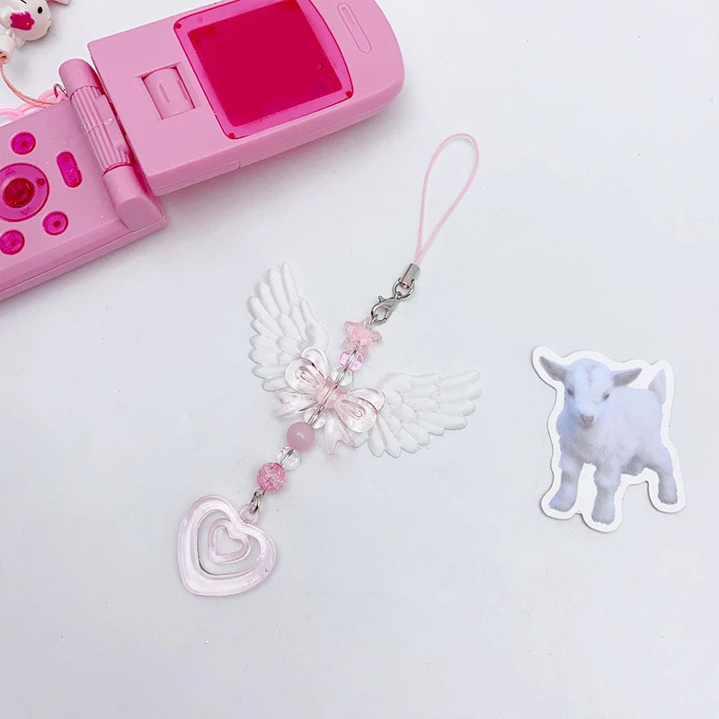 Wings Bow Heart Phone Charm - Sweet Mobile Strap Chain & Keychain Bag Accessory for Girls and Women