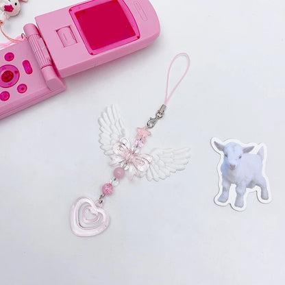 Wings Bow Heart Phone Charm - Sweet Mobile Strap Chain & Keychain Bag Accessory for Girls and Women