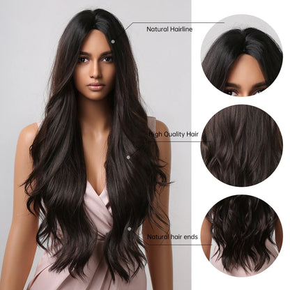ALAN EATON Black Long Wavy Synthetic Wig – Natural Afro Hair, Middle Part, Heat-Resistant Fiber for Daily Use