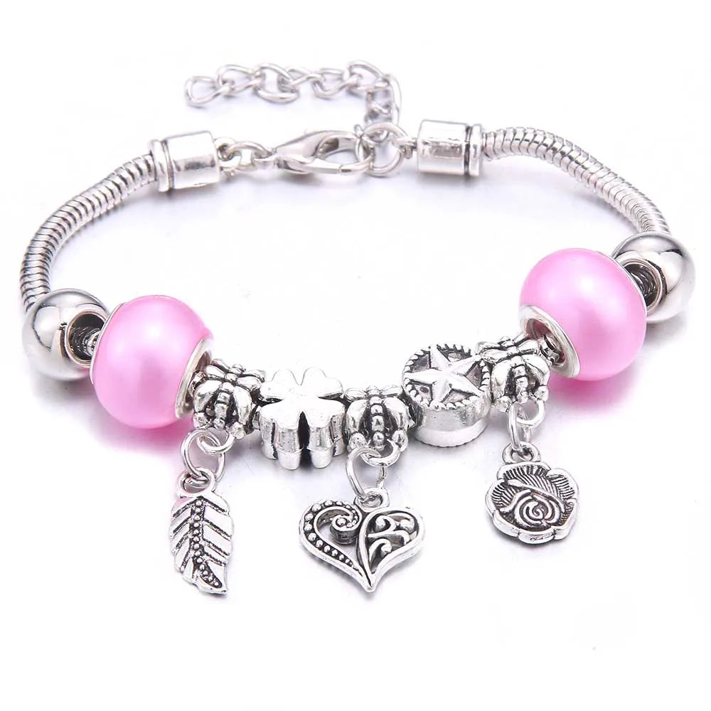 Pink Charm Bangle - Butterfly Snake Chain Bracelet with Beads and Lobster Clasp for Women