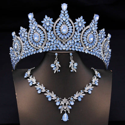 Rhinestone Bridal Tiara Jewelry Set - Wedding Crown with Necklace and Earrings for Women