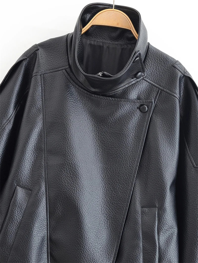Women's Faux Leather Motorcycle Jacket - 2026 Autumn Black Long Sleeve Fashion Outerwear