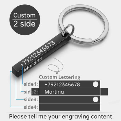 Personalized 3D Bar Keychain - Stainless Steel Engraved Name, Date or Logo Key Ring Gift P039