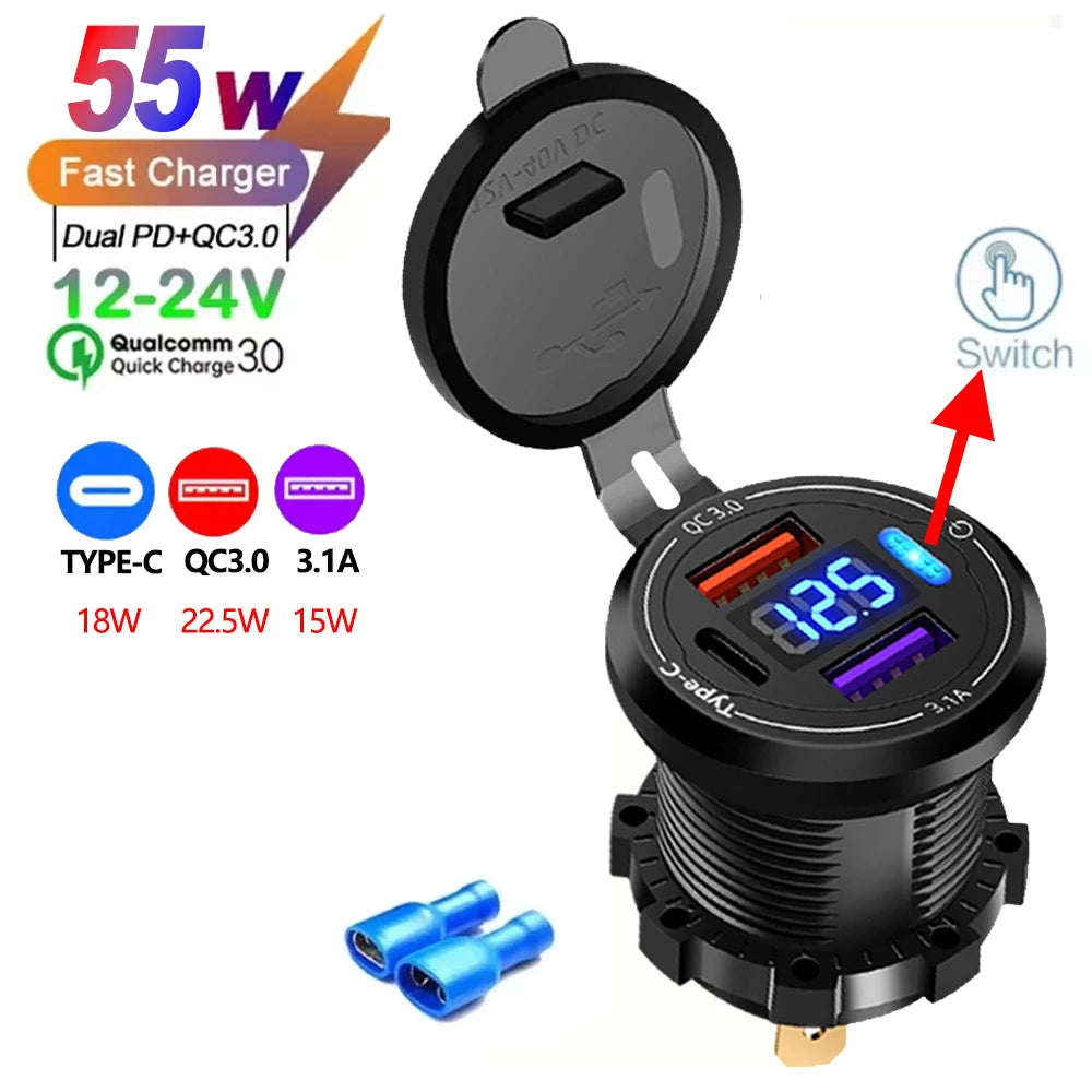 USB Car Charger 12/24V - Dual Socket PD3.0 & QC3.0 Fast Charging Station with LED Voltmeter Switch