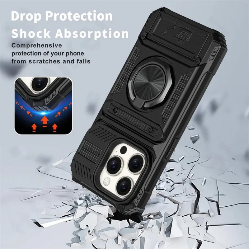 Magnetic Ring Kickstand iPhone Case – Heavy Duty Drop Protection Wallet Cover for iPhone 16/15/14/13/12/11 Pro Max, XS, XR, 8 & 7 Plus