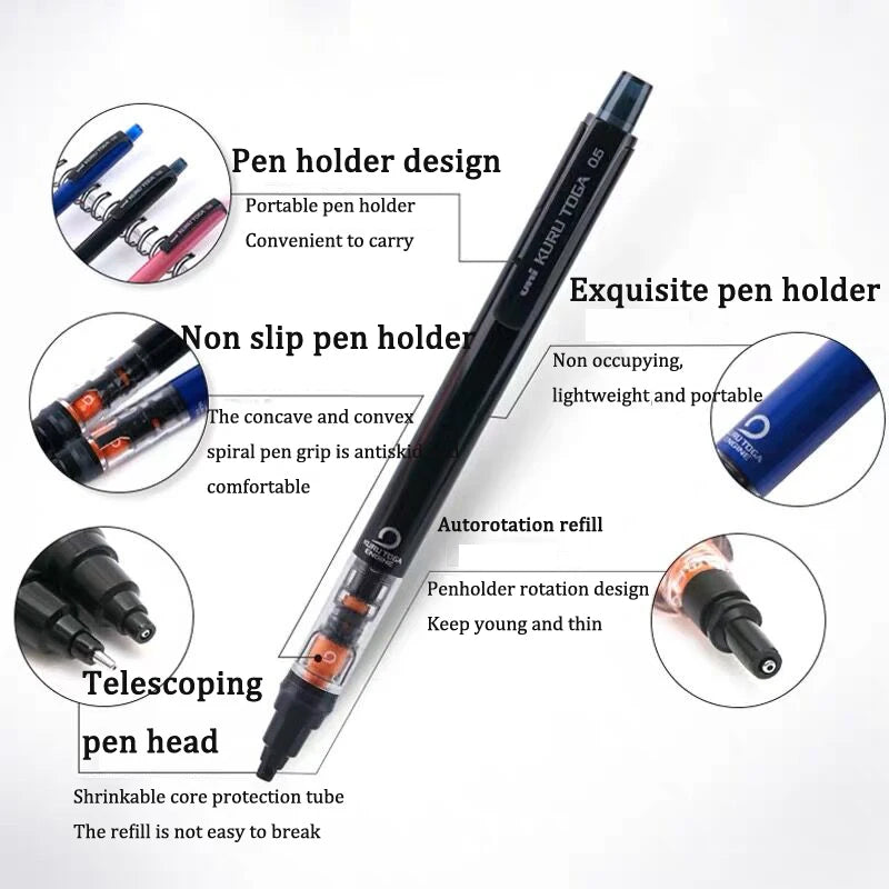 UNIStationery Automatic Mechanical Pencil — 0.5mm Anti-Slip Grip, Rotating Refillable Pen with Anti-Break Core